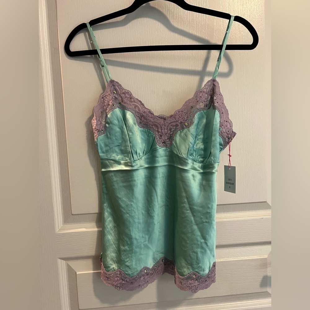 Gold Hawk Aqua Lilac Beaded Lace Silk Camisole Medium NWT GH372 Winter Surf - Picture 3 of 6
